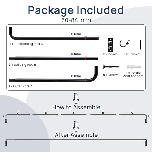 Fully assembled 86 inch wide curtain rod setup