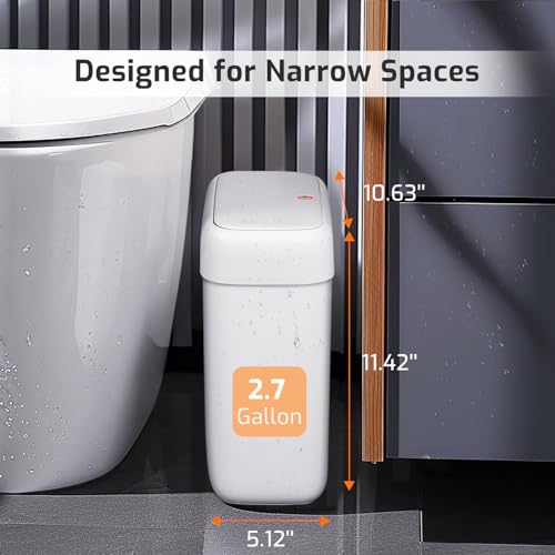 Slim white trash bin for narrow spaces