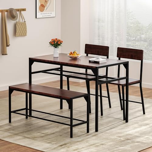 Dark walnut dining table with bench