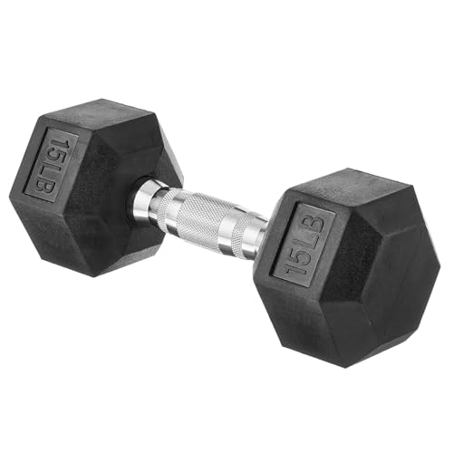 Basics 15lb rubber hex dumbbell side view