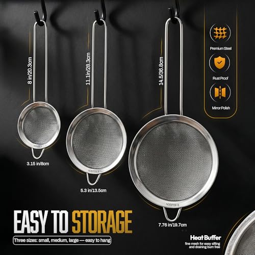 Set of silver wire strainers for professional kitchen use