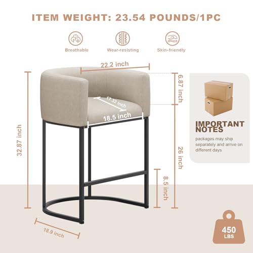 Modern beige linen counter stool with backrest