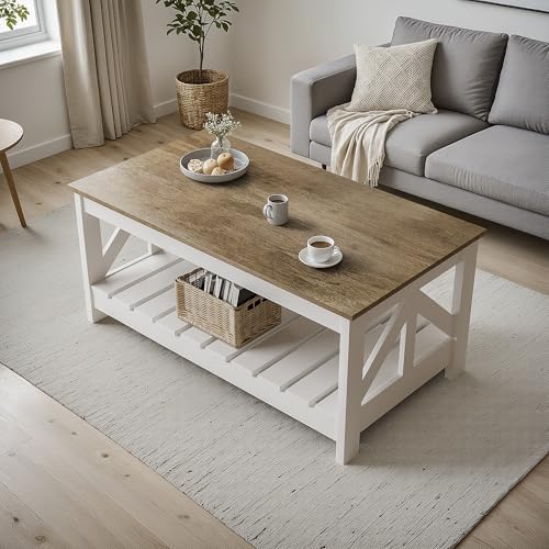 YESHOMY Farmhouse Coffee Table Gray & White front view