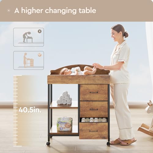 Side view of YeTom changing dresser with shelves