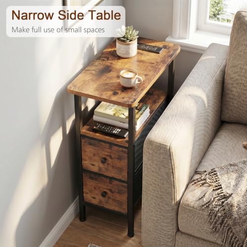 Side table showing fabric drawer with wood-look print