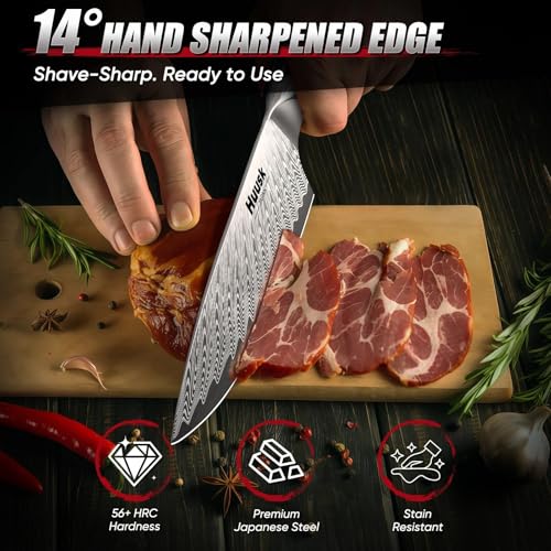 Close up of Huusk chef knife razor sharp blade
