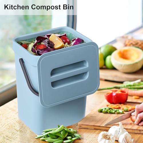 Blue LALASTAR compost bucket on kitchen counter