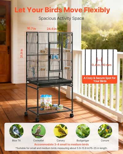 Bird cage with slide-out tray and storage shelf