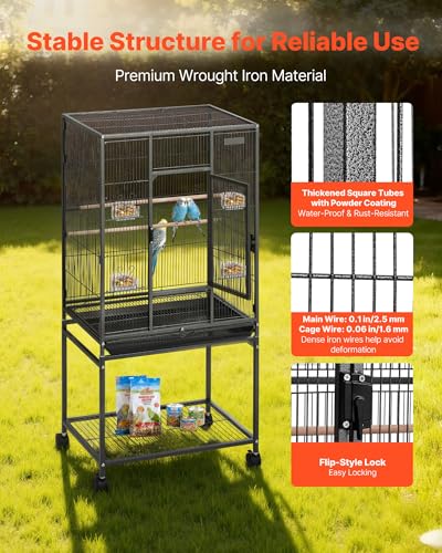 Close up of bird cage perches and feeders