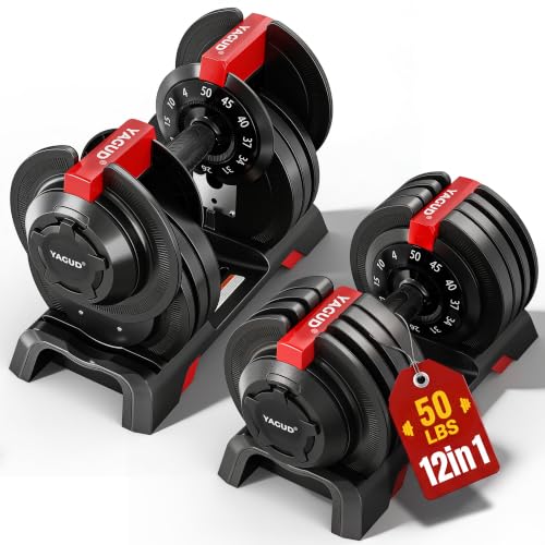 Yagud Adjustable Dumbbell Set 50 lb pair on tray