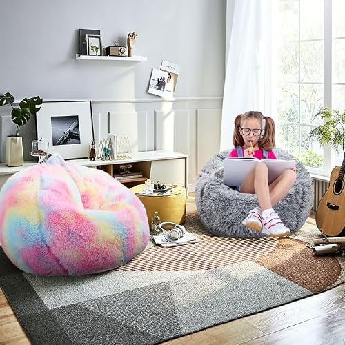 Grey faux fur bean bag chair side view