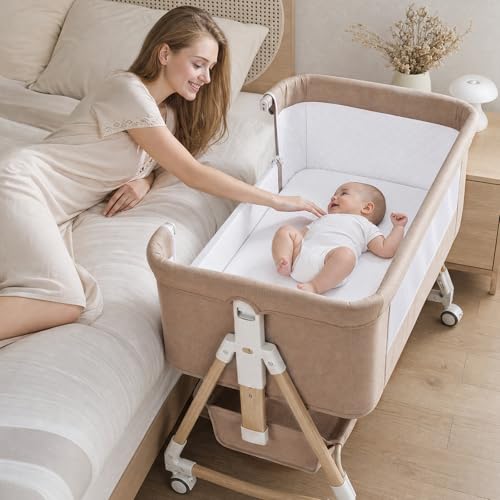 Uuoeebb 3-in-1 bedside bassinet in khaki view