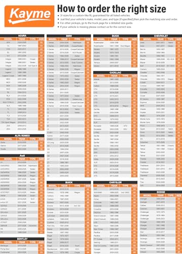 Kayme car cover size chart guide