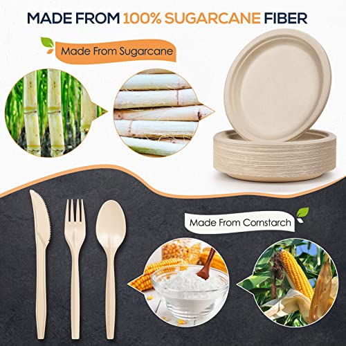 Brown sugarcane fiber plates and cornstarch cutlery