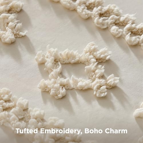 Bedsure Tufted Boho Comforter Set Queen Beige embroidered tufts