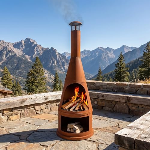 Full scale Sunnydaze fireplace on a paved patio