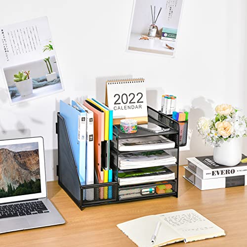 Black metal mesh desk tray with drawer