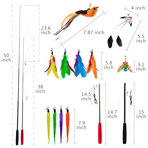 Four colorful feather teaser attachments