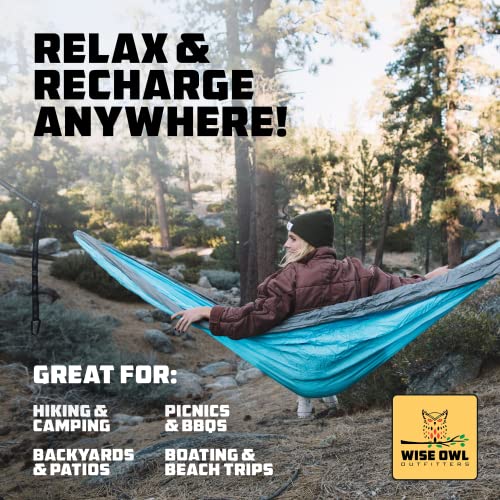 Outdoor camping setup featuring the Wise Owl Outfitters hammock