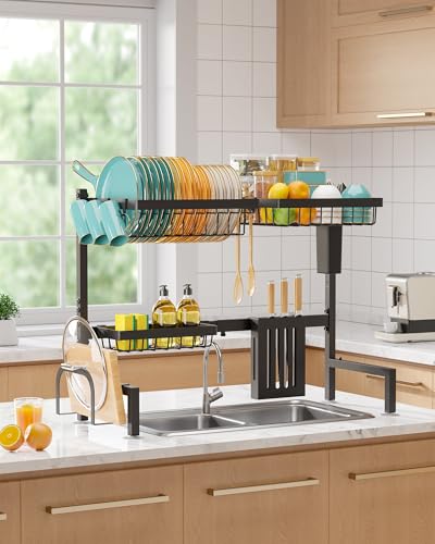 Assembled black dish rack over a sink