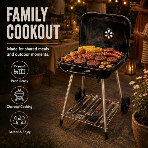 Portable charcoal grill setup for outdoor patio use