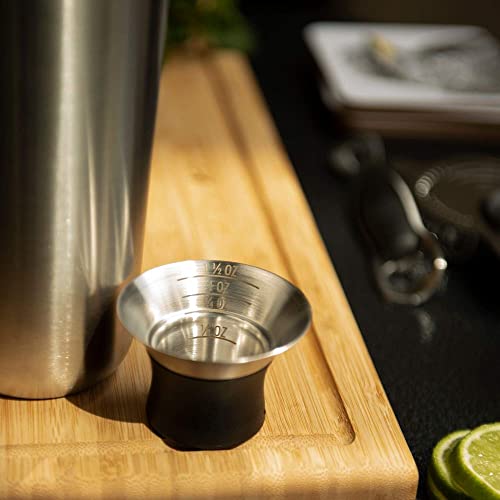 OXO cocktail shaker standing on a home bar surface