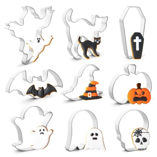QtoiKce 9 Piece Halloween Cookie Cutter Set in silver