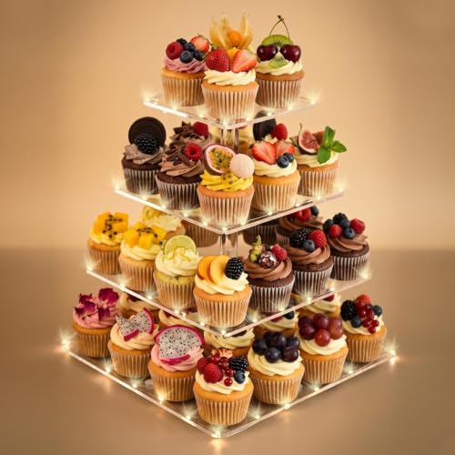 Jaevorite 4 Tier Acrylic Cupcake Stand with Yellow LED Light Strip