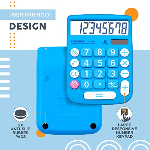 Side profile of blue CATIGA desktop calculator