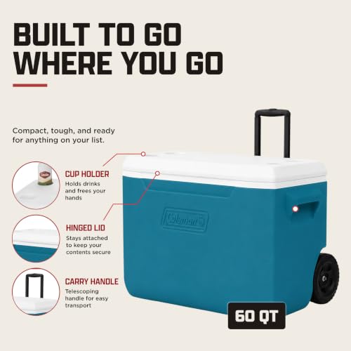 Coleman 60-Quart Rolling Cooler showing heavy duty wheels