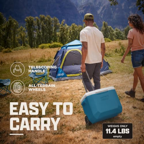 Coleman 60-Quart Rolling Cooler being used as a seat