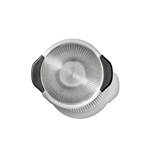 OXO strainer resting on three feet