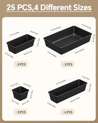 Four different sizes of KEMETHY drawer storage bins