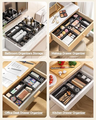 Black plastic storage trays for office supplies