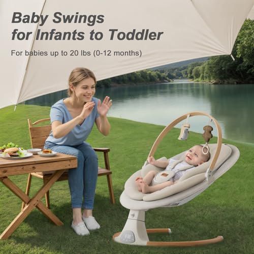 Side view of Monamii infant swing wood grain finish