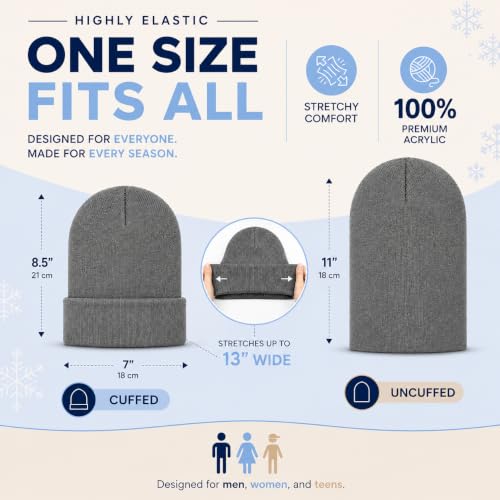 Stack of gray and navy knit beanies