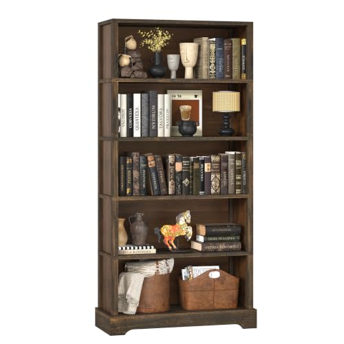 TVU 5 Tiers Wooden Bookshelf Walnut Brown front view