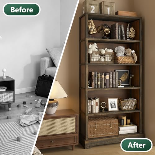 TVU walnut brown bookshelf staged in a home office