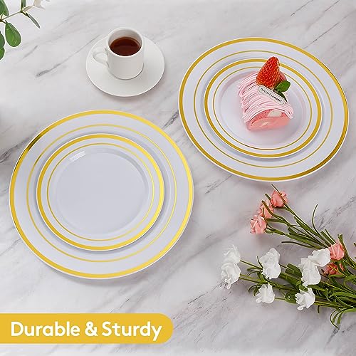 Close up of Goodluck gold rimmed plastic plates