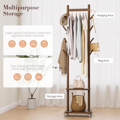 Entryway setup with wooden coat rack