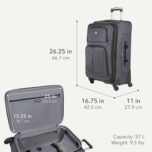 SwissGear Sion Softside Expandable Spinner Luggage Dark Grey Checked-Medium side profile