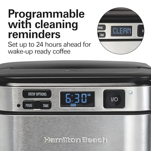 Swing-open brew basket on Hamilton Beach coffee maker