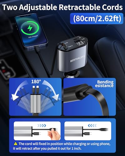 BERTHALESS grey car charger with retractable cables extended