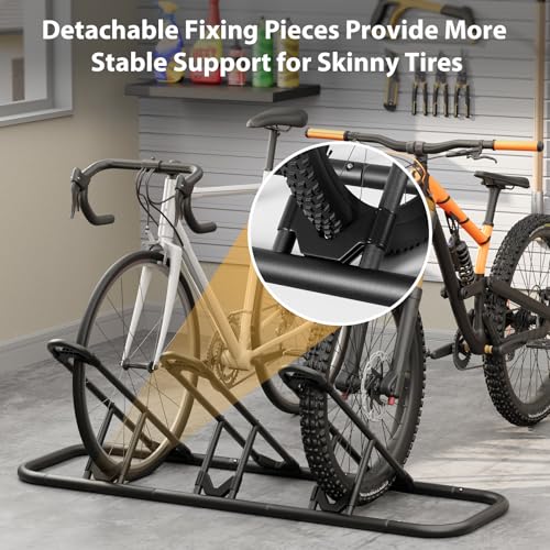 Black floor bike rack in a garage setting