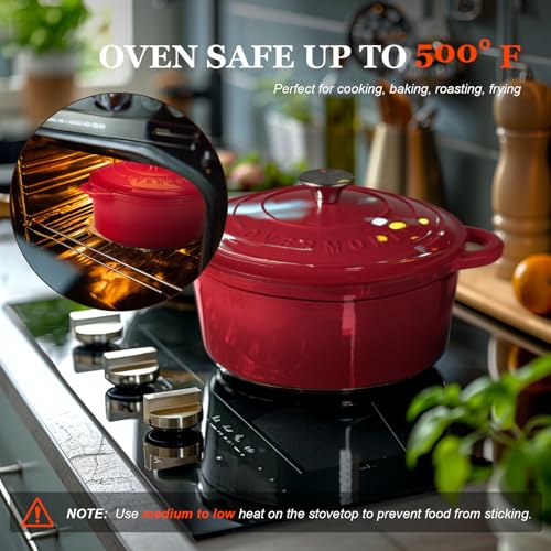 Side profile of red 7QT Dutch oven