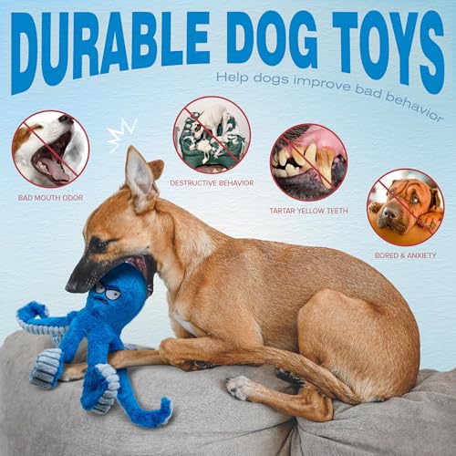 Large dog playing with octopus toy