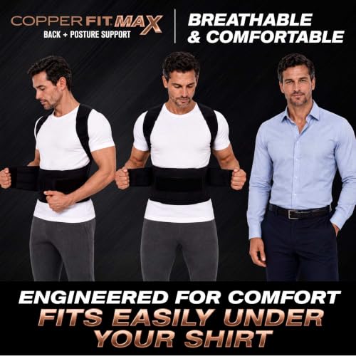 Model wearing Copper Fit Max Back Posture Support L/XL