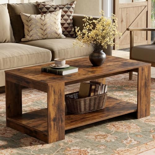 Wammcasa 39 inch 2-Tier Brown Wood Coffee Table front view