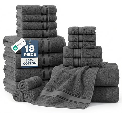 LANE LINEN 18 Piece Space Grey Bath Towel Set
