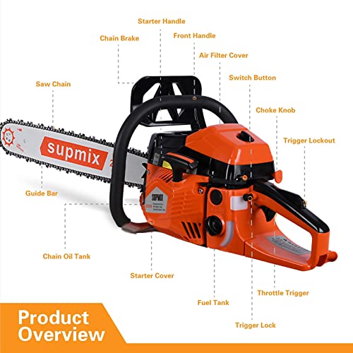 Orange 62cc chainsaw engine housing detail